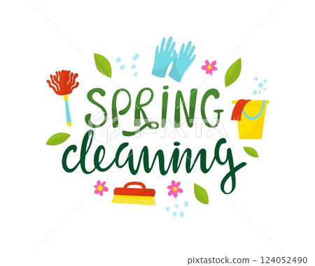 Spring cleaning poster. Seasonal refreshing home and garden. Hand lettering and doodle clean elements, brush broom bucket rubber gloves, neoteric vector print 124052490