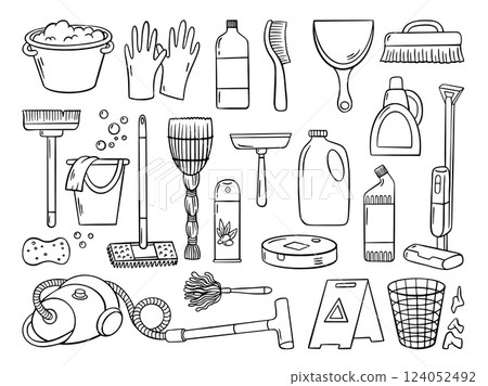 Doodle cleaning elements. Detergent bottles, brooms, bucket with napkin and soap bubbles. Sponge and vacuum cleaner, clean service neoteric vector set Doodle cleaning elements. Detergent bottles, brooms, bucket with napkin and soap bubbles. Sponge and vacuum cleaner, clean service neoteric vector set 124052492