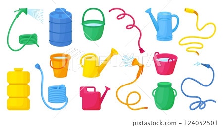 Watering accessories. Rubber watering hoses, water can, plastic containers and bucket. Garden, cartoon planting care equipment neoteric vector clipart Watering accessories. Rubber watering hoses, water can, plastic containers and bucket. Garden, cartoon planting care equipment neoteric vector clipart 124052501