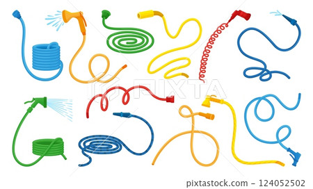 Garden watering hoses. Gardening rubber equipment for grass lawn garden planting. Hose pipes and plastic nozzle, dripping and water, neoteric vector set Garden watering hoses. Gardening rubber equipment for grass lawn garden planting. Hose pipes and plastic nozzle, dripping and water, neoteric vector set 124052502