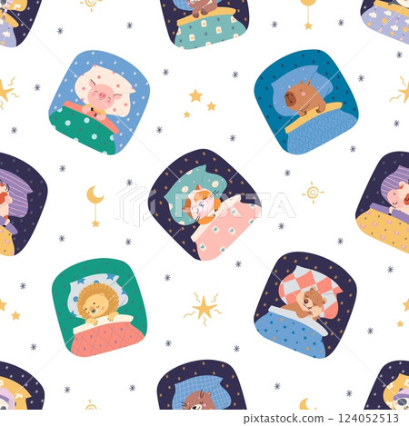 Cute animals in bed seamless pattern. Sleeping cat panda lion pig, funny animal. Sweet dreams fabric print design with stars, nowaday vector background 124052513