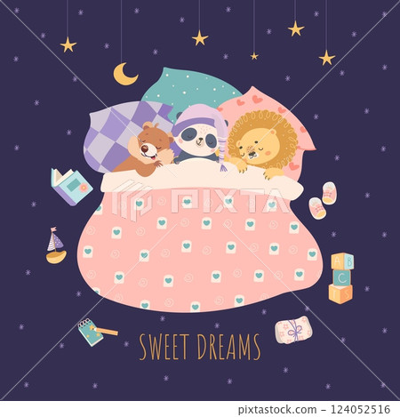 Friends sleep in bed. Cute animals sleeping, chipmunk panda and lion dreams on pillows and blanket. Sweet dreams childish poster, nowaday vector background Friends sleep in bed. Cute animals sleeping, chipmunk panda and lion dreams on pillows and blanket. Sweet dreams childish poster, nowaday vector background 124052516
