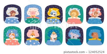 Animals sleeping in beds. Cartoon cat pig monkey panda lion koala sleep on pillows with blankets. Night dream time, animal nowaday vector set Animals sleeping in beds. Cartoon cat pig monkey panda lion koala sleep on pillows with blankets. Night dream time, animal nowaday vector set 124052524