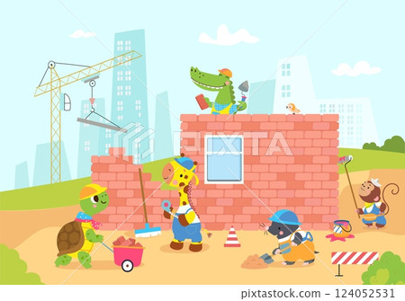 Animals builders working. Animal in helmet on construction ground. Turtle giraffe mole monkey and crocodile build together. Building nowaday vector scene 124052531