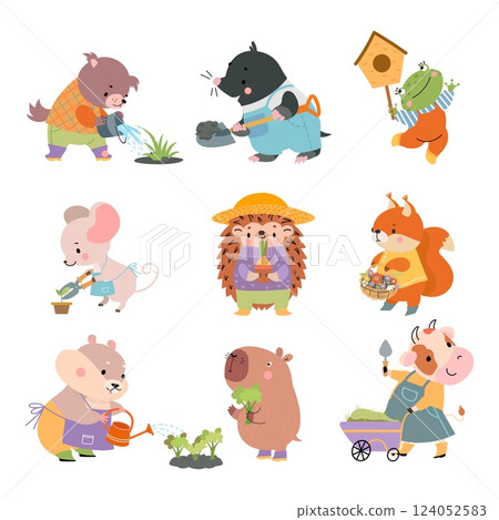 Animals gardeners. Funny little animal planting and gardening, cultivate plants. Cute characters watering, dig ground, trim plants. Garden works nowaday vector set 124052583