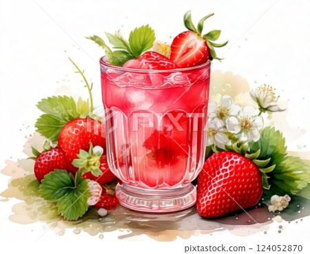 Strawberry drink: realistic watercolor illustration 124052870