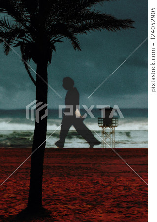 A pensive woman in black walks along a seashore. Female solitude, traveling solo. Double exposure. Vintage poster. Travel photo postcard. Artistic art 124052905