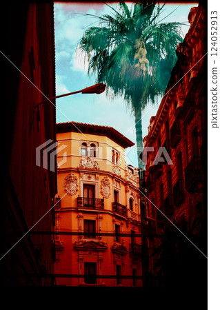 An old town street with a tall palm tree among the facades of apartment houses. Creative photography with double exposure and vintage architecture. 124052913