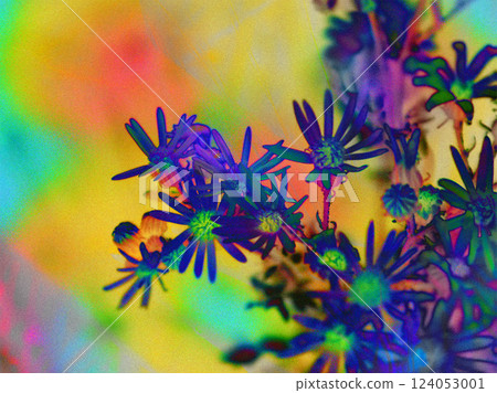 Blue flower heads on multicoloured yellow green background with space for text. Vintage macro photo of flowers in full bloom in summertime. Floral art 124053001