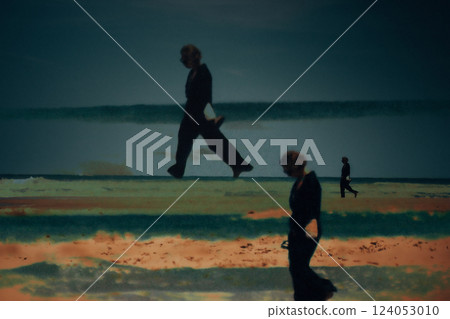 A dreamy woman walks along a seashore. Female solitude, traveling solo. Travel. 124053010