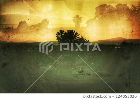 Tropical landscape Mountains, hills on horizon in sunset. Double exposure. Spanish landscapes, wild nature. Palm trees silhouettes. Film filter photo. Tropical landscape Mountains, hills on horizon in sunset. Double exposure. Spanish landscapes, wild nature. Palm trees silhouettes. Film filter photo. 124053020