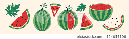 Cute watermelon set. Whole fruit, Half, slices and triangles. Trendy modern vector illustration isolated on background, hand drawn, flat design 124053106