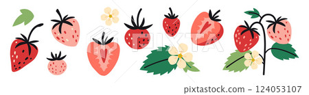 Cute Strawberry set, whole and half berries, leaves and flowers. Trendy modern vector illustration isolated on white background, hand drawn, flat design Cute Strawberry set, whole and half berries, leaves and flowers. Trendy modern vector illustration isolated on white background, hand drawn, flat design 124053107