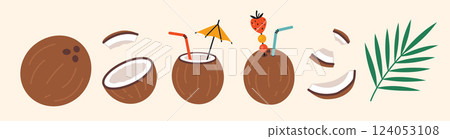 Coconuts set with tropical cocktail elements, shells, umbrella, straw, leaf and whole nut. Modern vector illustration isolated on background, hand drawn, flat design Coconuts set with tropical cocktail elements, shells, umbrella, straw, leaf and whole nut. Modern vector illustration isolated on background, hand drawn, flat design 124053108
