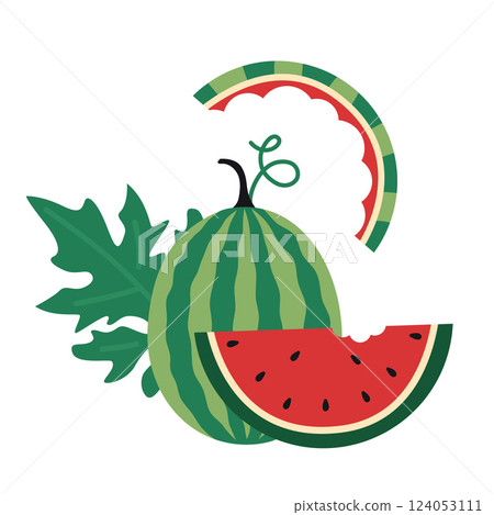 Cute watermelon. Whole fruit, slice with a bite and leaf. Trendy modern vector illustration isolated on white background, hand drawn, flat design Cute watermelon. Whole fruit, slice with a bite and leaf. Trendy modern vector illustration isolated on white background, hand drawn, flat design 124053111