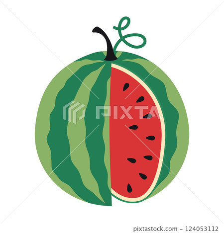 Cute watermelon. Whole fruit with a cut out piece. Trendy modern vector illustration isolated on white background, hand drawn, flat design Cute watermelon. Whole fruit with a cut out piece. Trendy modern vector illustration isolated on white background, hand drawn, flat design 124053112