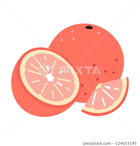 Whole grapefruit, half and slice, juicy fresh citrus fruit. Modern vector illustration isolated on white background, hand drawn, flat design. Whole grapefruit, half and slice, juicy fresh citrus fruit. Modern vector illustration isolated on white background, hand drawn, flat design. 124053145