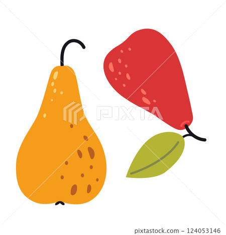 Pears and leaf. Modern vector illustration isolated on white background, hand drawn, flat design Pears and leaf. Modern vector illustration isolated on white background, hand drawn, flat design 124053146
