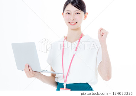 職業女性，電腦，白色背景 124053355