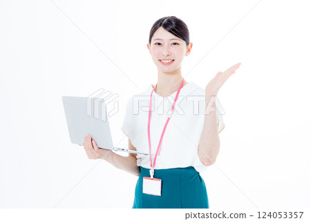 職業女性，電腦，白色背景 124053357
