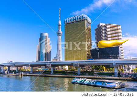 Tokyo cityscape in Japan - View of the Emeraldas in front of the Asakusa water bus boarding point - March 17th 124053381