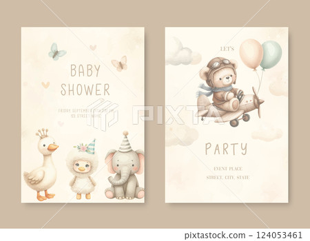 Watercolor Baby Shower Party Invitation card with a plush pilot bear and animal. 124053461
