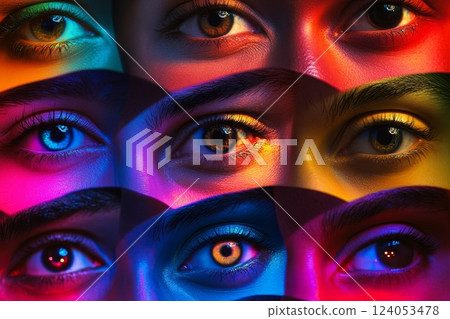 Collage of close-up many male and female eyes isolated on neon background. Collage of close-up many male and female eyes isolated on neon background. 124053478