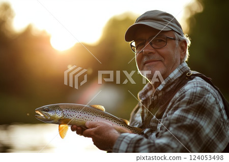 Man fishing and holding a trout. 124053498