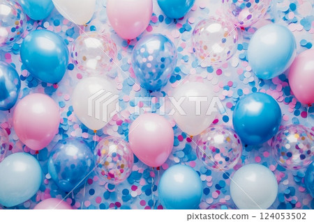 Festive colorful balloons and confetti background. 124053502