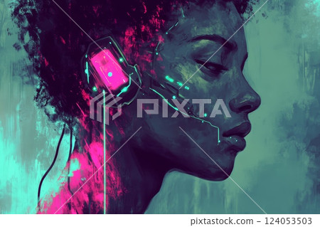 Digital portrait of a cyborg with artificial intelligence. 124053503