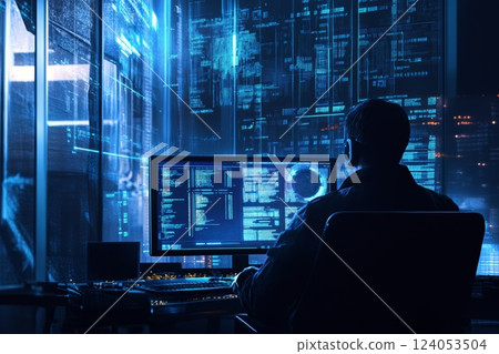 Analyst uses a computer for data business analysis. 124053504