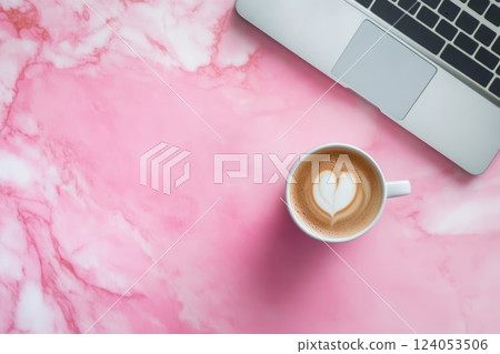 Workplace with laptop and coffee on table, top view. 124053506