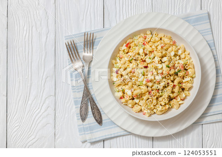 macaroni salad with celery, eggs, red bell pepper macaroni salad with celery, eggs, red bell pepper 124053551