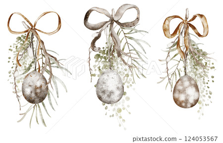Easter decoration Watercolor illustration ornament in vintage style. Hand drawn design holiday religion embellishment in brown tones for card and invitation. For springtime holy celebration templates. 124053567