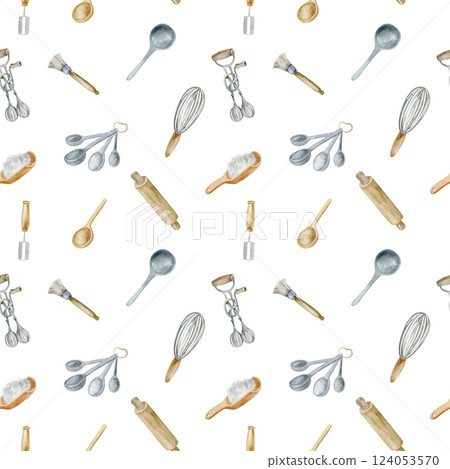 Kitchen utensils watercolor seamless pattern. Wallpaper kitchen tools, cooking utensils. A whisk and a spatula, spoon, with cutlery are hand drawn for homey background, ornament. Kitchen utensils watercolor seamless pattern. Wallpaper kitchen tools, cooking utensils. A whisk and a spatula, spoon, with cutlery are hand drawn for homey background, ornament. 124053570