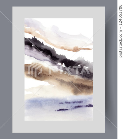 Mountain slopes with trees or bushes in middle of snowdrifts, on watercolor minimalist posters 124053706