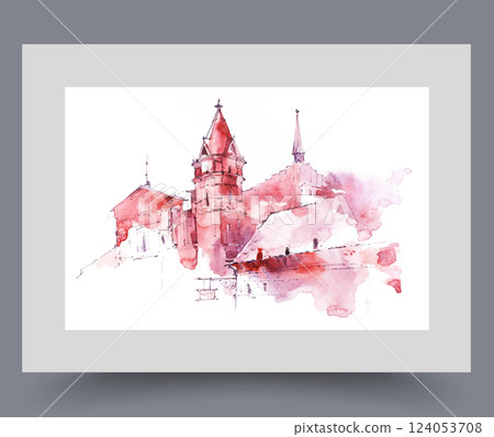 Red medieval castle in style of ancient architecture with high towers on print. Watercolor artwork 124053708