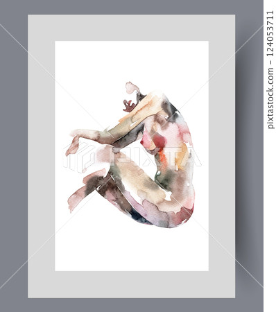 Seductive naked woman without face during erotic photo shoot on poster. Watercolor artwork 124053711