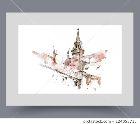 Antique castle with tower rising above roofs, in gothic style on print. Watercolor artwork Antique castle with tower rising above roofs, in gothic style on print. Watercolor artwork 124053715