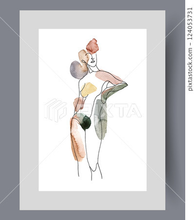 Erotic confident woman standing without clothes holding hand on belt on wall art. Watercolor artwork 124053731