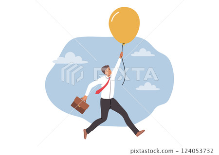 Frightened business man holding on to flying balloon, afraid of failure due to risky actions 124053732