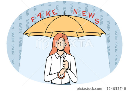 Woman covers herself with umbrella from fake news and disinformation, concept combating propaganda Woman covers herself with umbrella from fake news and disinformation, concept combating propaganda 124053746