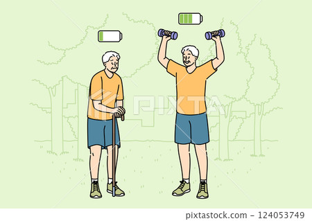 Elderly man plays sports in park and feels presence of energy, standing next to lethargic friend 124053749