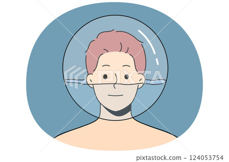 Man with glass ball filled with water on his head for concept of psychological problems Man with glass ball filled with water on his head for concept of psychological problems 124053754
