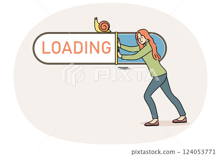 Woman suffers from slow internet and pushes loading bar with snail, needing to connect to 5G network 124053771