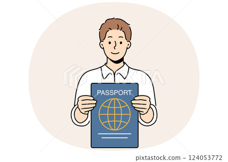 Man with international passport in hands that allows him to travel world and visit new countries Man with international passport in hands that allows him to travel world and visit new countries 124053772