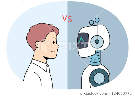 Man competes with robot, not wanting to be left without job due to introduction of AI technology Man competes with robot, not wanting to be left without job due to introduction of AI technology 124053773