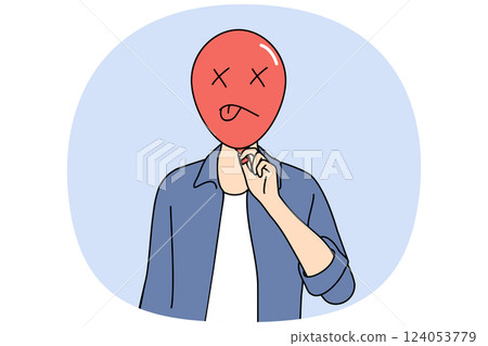 Upset frustrated man with inflated balloon in front of face needs help of psychologist. Upset frustrated man with inflated balloon in front of face needs help of psychologist. 124053779