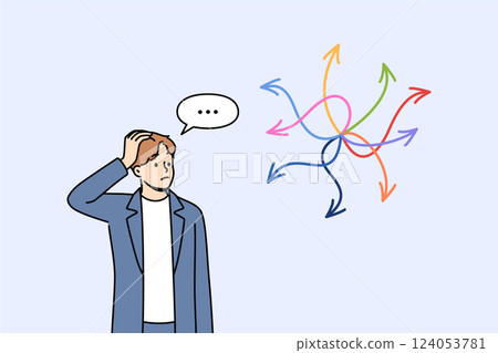 Business man is faced with difficult choice, looking at arrows pointing in different directions 124053781