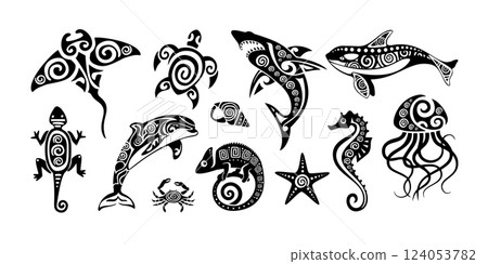 Polynesian tribal animal tattoos. Maori style ocean creatures as stingray, sea turtle, shark, whale, dolphin, crab, starfish, seahorse and jellyfish. Lizard ethnic ink art vector set 124053782